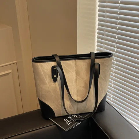 Women Large Capacity PU Leather Tote Bag Vintage Marble Pattern Contrast Color Rivet Shoulder Bag Office Commuter Handbag