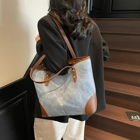 Women Large Capacity PU Leather Tote Bag Vintage Marble Pattern Contrast Color Rivet Shoulder Bag Office Commuter Handbag