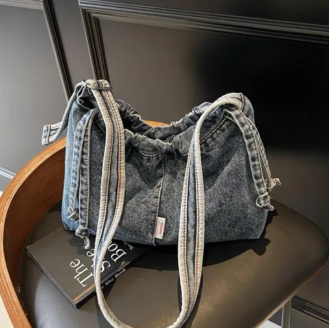 Borsa Tote in Denim di Grande Capacità per Donna Moda Coulisse Tracolla Borsa a Mano Casuale Versatile in Denim Lavato