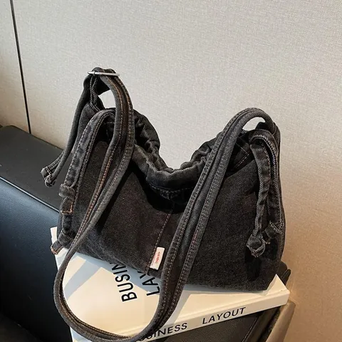 Borsa Tote in Denim di Grande Capacità per Donna Moda Coulisse Tracolla Borsa a Mano Casuale Versatile in Denim Lavato