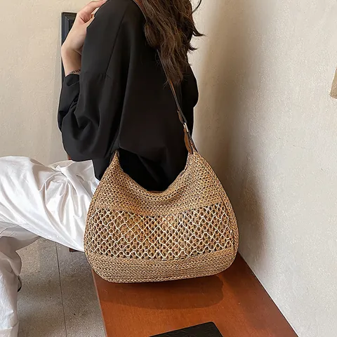 Large Capacity Straw Woven Shoulder Bag Hollow Mesh Patchwork Design Adjustable PU Leather Strap Vacation Beach Tote Bag