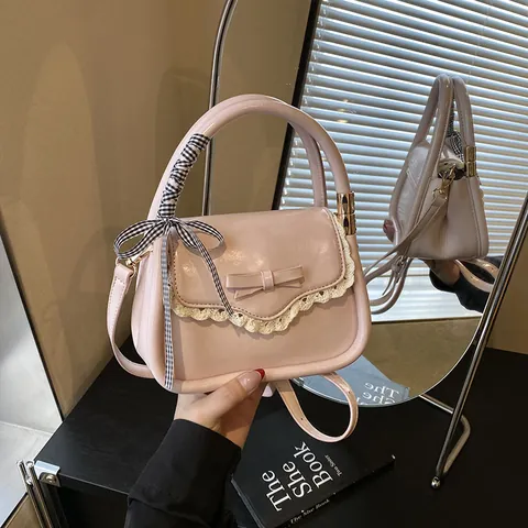 Petit Sac à Bandoulière Carré en Cuir PU pour Femmes Doublure Polyester Noeud Dentelle Poignée en Ruban Style Coréen Sac à Main