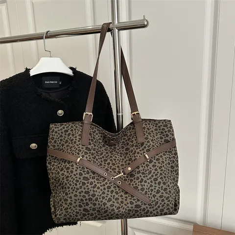 Bolso Tote de Estampado de Leopardo de Gran Capacidad para Mujer Bolso de Hombro de Lona Vintage Para Trabajo Escuela Estilo Urbano