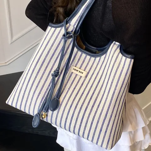 Borsa Tote in Tela a Righe da Donna Grande Capacità Borsa a Tracolla Casual Con Bordo in Pelle Strisce Verticali Borsa Moda