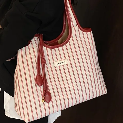 Borsa Tote in Tela a Righe da Donna Grande Capacità Borsa a Tracolla Casual Con Bordo in Pelle Strisce Verticali Borsa Moda