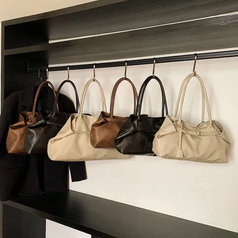 Vintage PU Leather Large Capacity Tote Bag For Women Casual Commute Shoulder Bag With Metal Buckle Khaki Brown Black