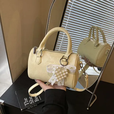 Women Trendy Wrinkled PU Leather Boston Pillow Bag With Pearl Heart Lace Bow Pendant Versatile Handbag Shoulder Crossbody Bag