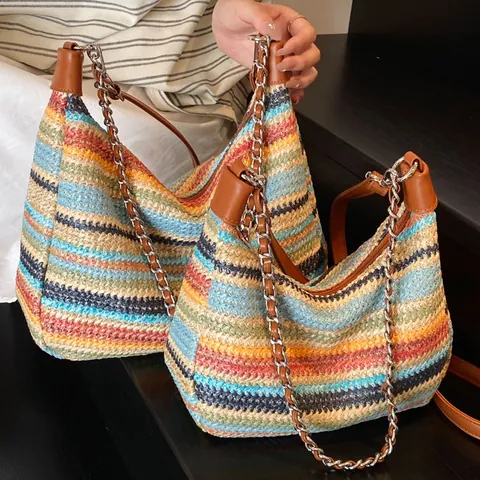 Women's Bohemian Woven Striped Shoulder Bag Summer Beach Vacation Hobo Tote Bag With Chain Strap Large Capacity Multicolor