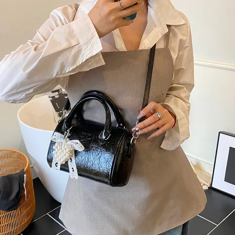 Women Trendy Wrinkled PU Leather Boston Pillow Bag With Pearl Heart Lace Bow Pendant Versatile Handbag Shoulder Crossbody Bag