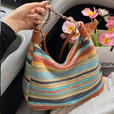 Women's Bohemian Woven Striped Shoulder Bag Summer Beach Vacation Hobo Tote Bag With Chain Strap Large Capacity Multicolor