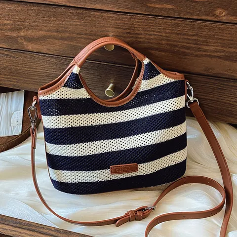 Women Striped Knit Tote Bag With Inner Pouch Large Capacity Shoulder Bucket Bag With PU Leather Handles Summer Beach Handbag