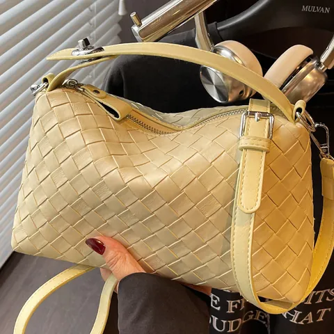 Damen Mode Gewebte PU Leder Schultertasche Urban Minimalistisch Intrecciato Stil Handtasche Mit Verstellbarem Riemen Silber Hardware