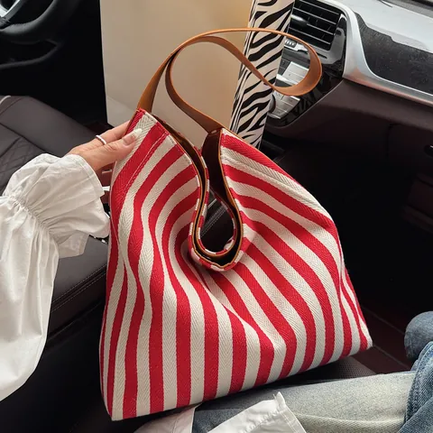 Bolso Tote de Lona con Rayas Verticales para Mujer Gran Capacidad Con Correa de Hombro de Cuero PU Marrón Estilo Casual Contraste de Color Bolso de Mano