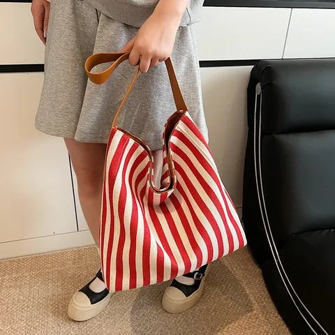 Bolso Tote de Lona con Rayas Verticales para Mujer Gran Capacidad Con Correa de Hombro de Cuero PU Marrón Estilo Casual Contraste de Color Bolso de Mano