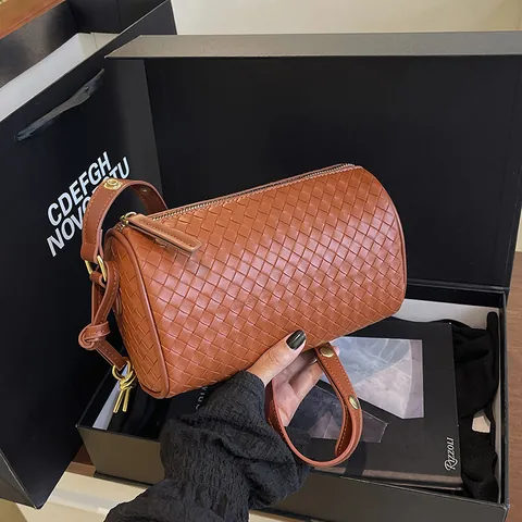 Woven Cylinder Shoulder Bag Women PU Leather Minimalist Crossbody Barrel Bag Stylish Pillow Handbag Street Fashion Item