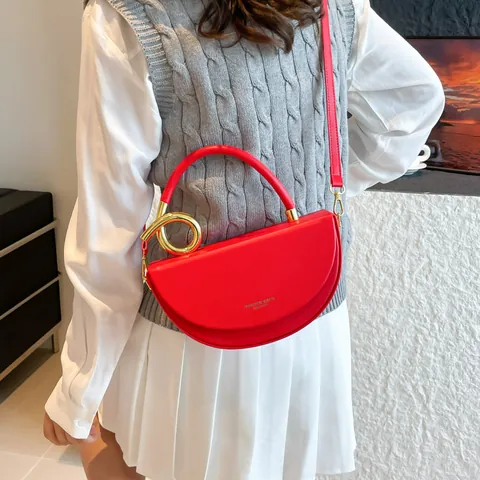 Women Korean Fashion PU Leather Half Moon Crossbody Bag With Gold Metal Ring Handle Simple Solid Color Shoulder Handbag Versatile Saddle Bag