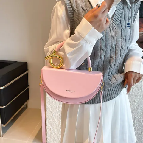 Women Korean Fashion PU Leather Half Moon Crossbody Bag With Gold Metal Ring Handle Simple Solid Color Shoulder Handbag Versatile Saddle Bag