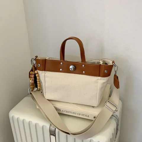 Women Canvas Leather Patchwork Tote Bag Large Capacity Casual Shoulder Handbag Adjustable Strap Wood Bead Charm Rivets