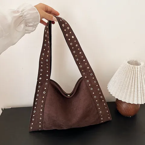 Vintage Wildleder Achseltasche Für Damen Große Kapazität Nieten Ösen Schultertasche Retro Motorrad-Stil Hobo-Tasche