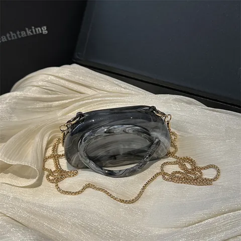 Vrouwen Acryl Marmerpatroon Avondtas Luxe Mini Harde Schaal Clutch Handtas Met Gouden Metalen Ketting Voor Feest Bruiloft