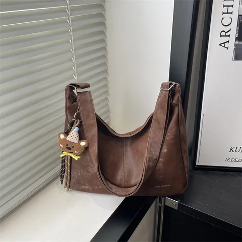 Women's Vintage Distressed PU Leather Shoulder Bag Large Capacity Hobo Tote With Bear Pendant Solid Color Casual Commuter Bag