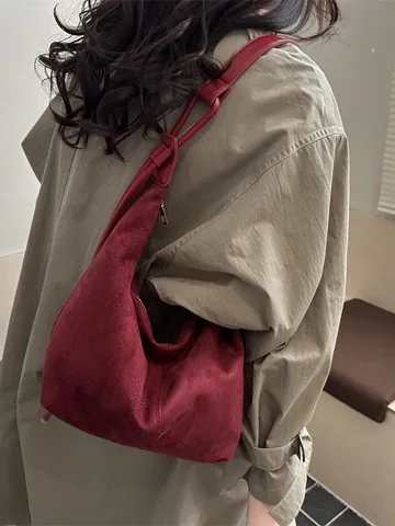 Bolso Hobo de Gamuza Retro para Mujer Gran Capacidad Estilo Maillard Versátil Casual Viaje Diario Bolso de Hombro Color Sólido