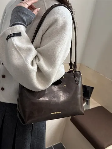 Bolso de Mano de Cuero PU Vintage para Mujer Bolso Tote Minimalista Con Remaches Dorados Asa Calada Bolso de Moda