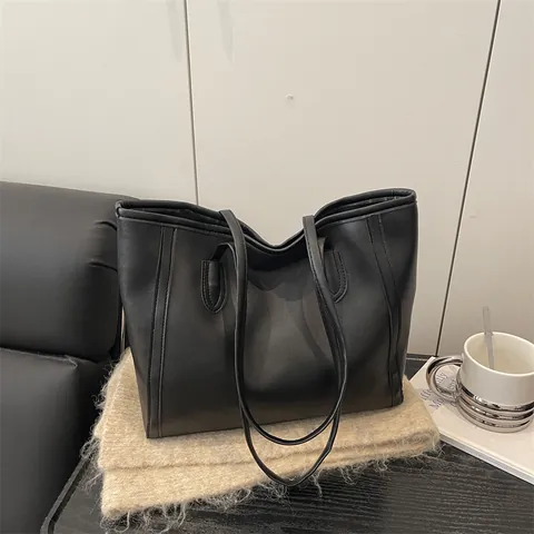 Minimalist PU Leather Tote Bag Large Capacity Commuting Shoulder Bag Double Handle Solid Color Zipper Handbag For Women