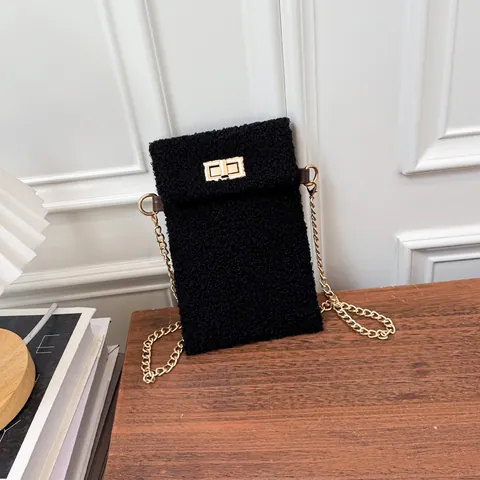 Women Plush Crossbody Phone Bag Faux Fur Small Shoulder Purse With Metal Chain Strap Turn Lock Winter Fashion Vertical Rectangular