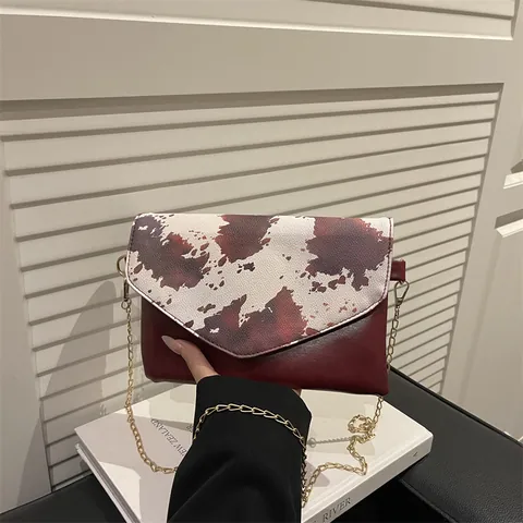 Dames Vintage Koeienprint Enveloppe Schoudertas PU Leer Gouden Ketting Crossbody Tas Mode Kleine Vierkante Tas