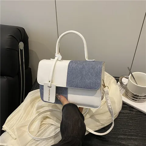 Bolso Cuadrado Pequeño para Mujer Color Block en Cuero PU y Denim Patchwork Bolso de Mano Bandoulière Correa Ajustable