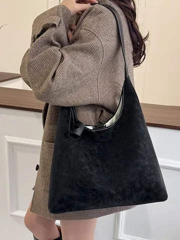 Borsa a Tracolla da Donna in Pelle PU Smerigliata Vintage Grande Capacità Cuciture a Contrasto Hobo Tote Minimalista Borsa a Tracolla per Pendolari