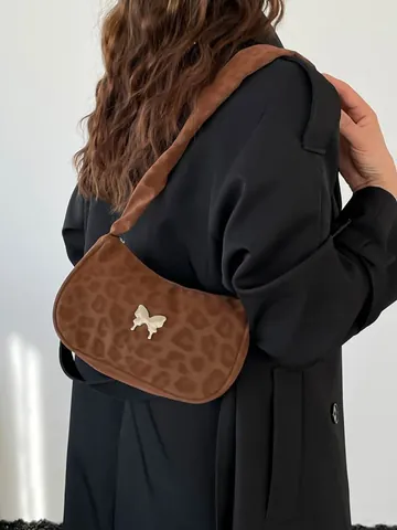 Borsa Sotto l'ascella in PU con Stampa Leopardata Donna Borsa a Tracolla con Manico Arricciato Decorazione a Farfalla Trendy