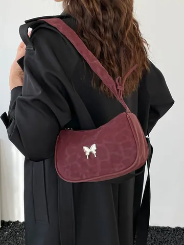 Borsa Sotto l'ascella in PU con Stampa Leopardata Donna Borsa a Tracolla con Manico Arricciato Decorazione a Farfalla Trendy