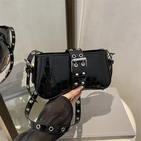 Dames Krokodillenpatroon PU Leer Onderarmtas Y2K Straatmode Metalen Oogjes Riem Grote Gesp Schoudertas Mode Retro Baguette Handtas
