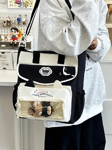 Kawaii Nylon Ita Bag Cat Ear Design Large Capacity Tote Shoulder Bag Color Block Messenger Bag With Clear PVC Window For Girls