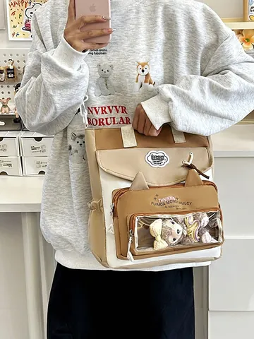 Kawaii Nylon Ita Bag Cat Ear Design Large Capacity Tote Shoulder Bag Color Block Messenger Bag With Clear PVC Window For Girls