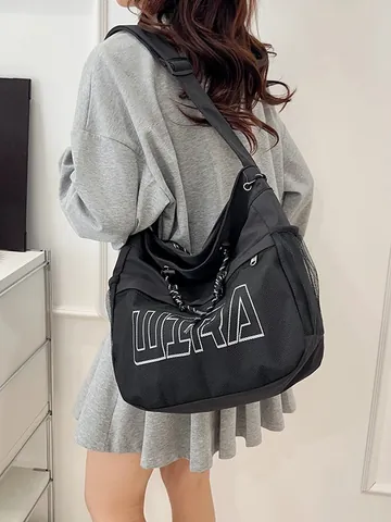 Borsa a Tracolla Casual in Tela Per Donna Uomo Grande Capacità Giunzione in Rete Stampa Lettere Coulisse Sportiva Borsa Messenger