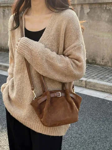 Women Vintage Pleated Suede Bucket Bag Large Capacity Urban Simplicity Handbag With Adjustable Strap Crossbody Bag For Autumn Winter