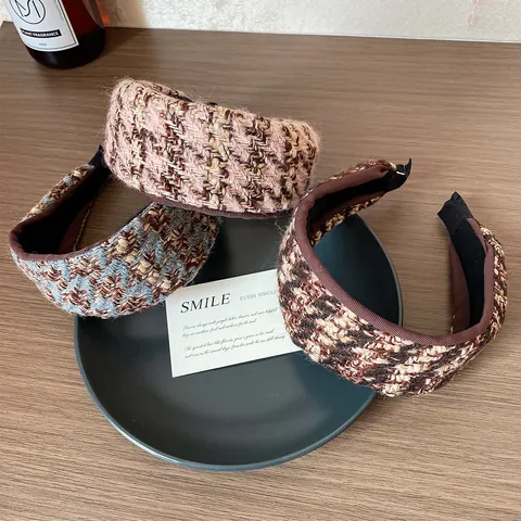 Vintage Tweed Plaid Padded Headband For Women Wide Brimmed Knitted Hair Band Retro Elegant Hair Accessories Daily Dating