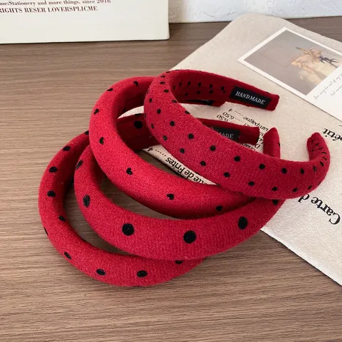Vintage Red Polka Dot Heart Pattern Short Velvet Padded Headband For Women Handmade High Top Hair Band Fashion Hair Accessories