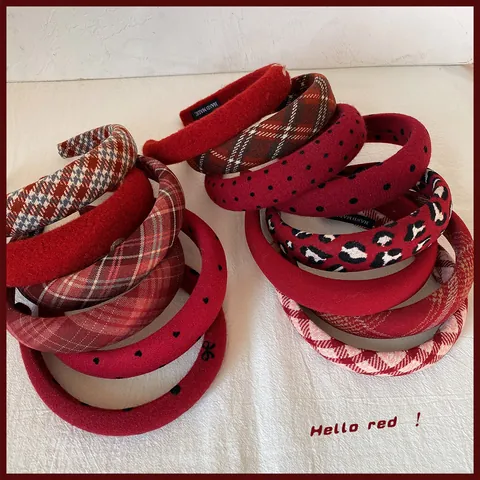 Vintage Red Plaid Polka Dot Leopard Padded Sponge Headband For Women Handmade Fabric Wide Headband Sweet Face Framing Hair Accessories