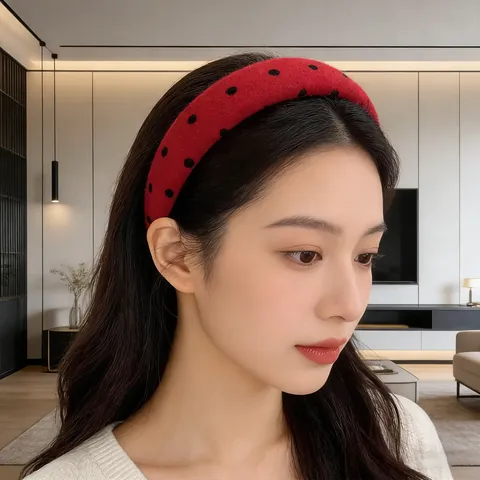 Vintage Red Polka Dot Heart Pattern Short Velvet Padded Headband For Women Handmade High Top Hair Band Fashion Hair Accessories