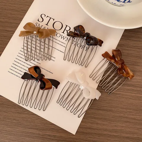 French Acetate Bowknot Hair Comb Metal Tooth Retro Tortoiseshell Pattern Hair Insert Comb For Women Styling Accessories