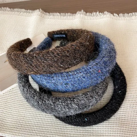 Serre-Tête Large en Peluche Tricotée Automne Hiver pour Femme Élégant Bandeau en Laine à Paillettes Minimaliste Accessoires de Cheveux Fait Main