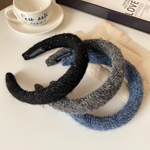 Serre-Tête Large en Peluche Tricotée Automne Hiver pour Femme Élégant Bandeau en Laine à Paillettes Minimaliste Accessoires de Cheveux Fait Main