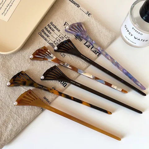 Vintage Acetate Fan Shaped Hair Stick With Faux Pearl Elegant New Chinese Style Handmade Hairpin For Women Bun Styling
