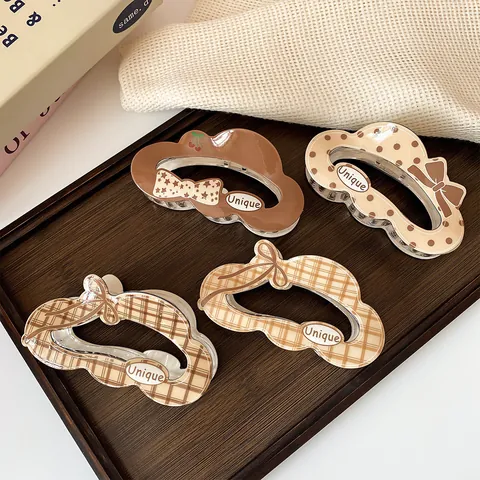 Korean Style Large Cloud Hair Claw Clip Acrylic Bow Plaid Dot Pattern Milk Tea Coffee Color Shark Clip For Women Hair Styling