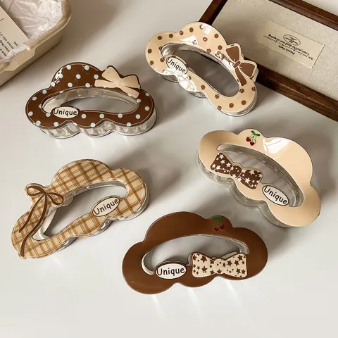 Korean Style Large Cloud Hair Claw Clip Acrylic Bow Plaid Dot Pattern Milk Tea Coffee Color Shark Clip For Women Hair Styling