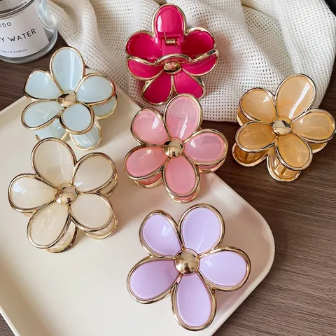 Sweet Flower Hair Claw Clip Gradient Candy Color With Gold Edge Resin Acrylic Hair Accessory For Women Daily Styling
